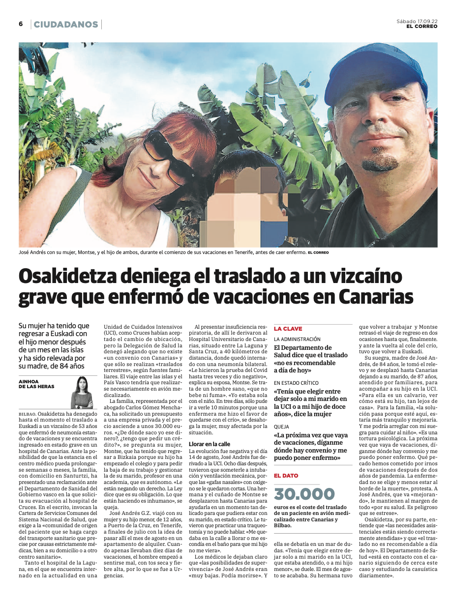 Osakidetza rechaza trasladar a un vizcaíno con neumonía bilateral ingresado en Canarias