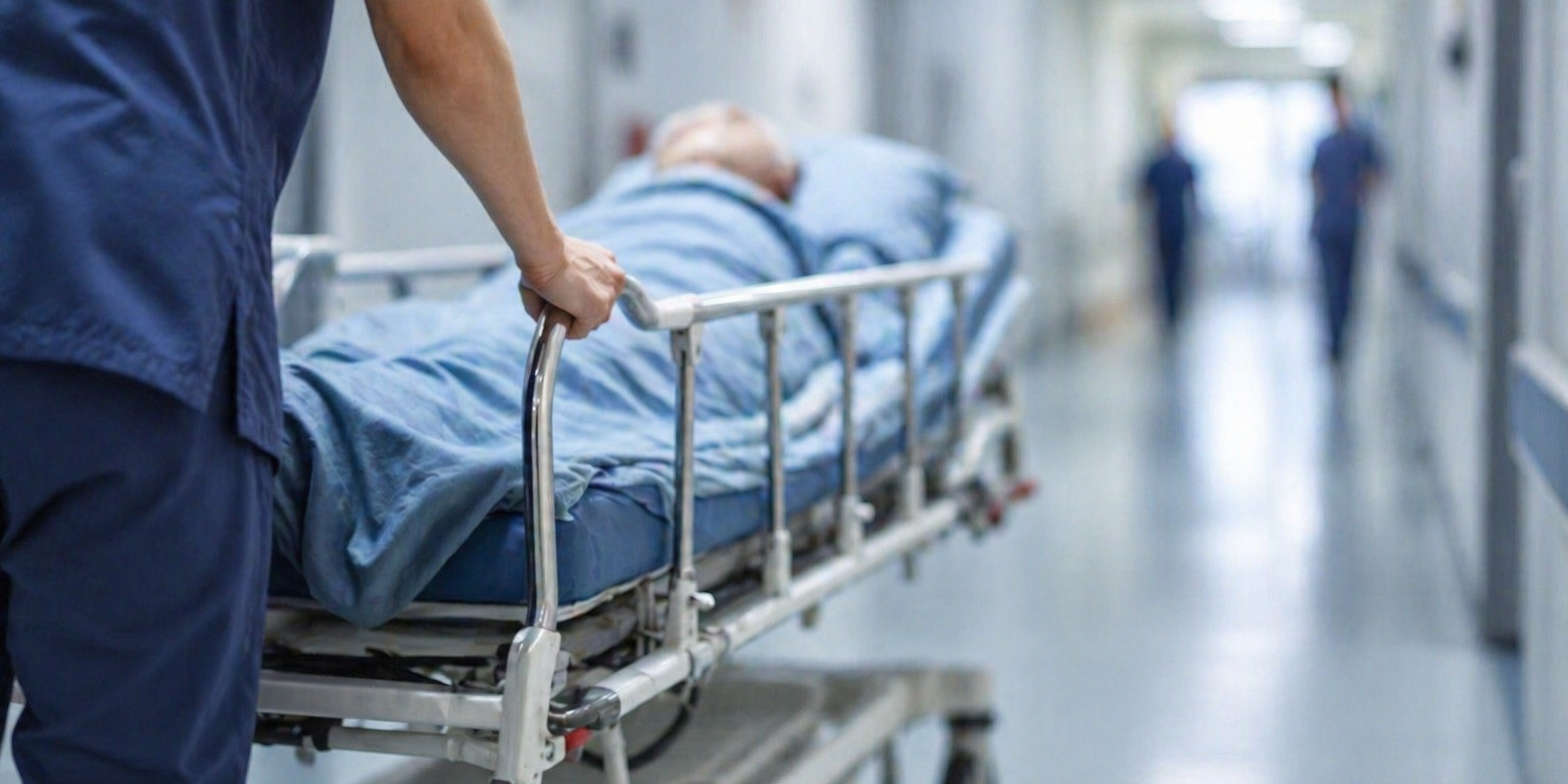 Paciente en camilla en hospital tras denegación de tratamiento médico urgente