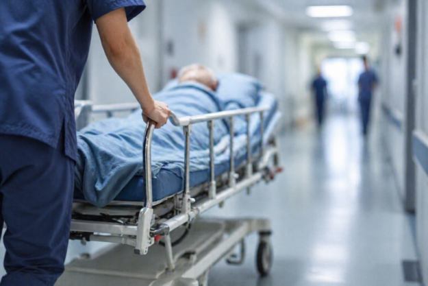 Paciente en camilla en hospital tras denegación de tratamiento médico urgente